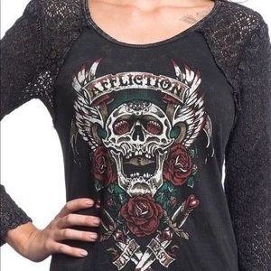 NWT Affliction Black Long Sleeve Top Sz S Skulls